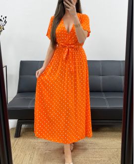 ROBE LONGUE A POIS FLUIDE VISCOSE PE2149 ORANGE