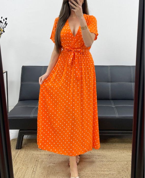 FLIESSENDES MAXIKLEID AUS VISKOSE MIT TUPFEN PE2149 ORANGE