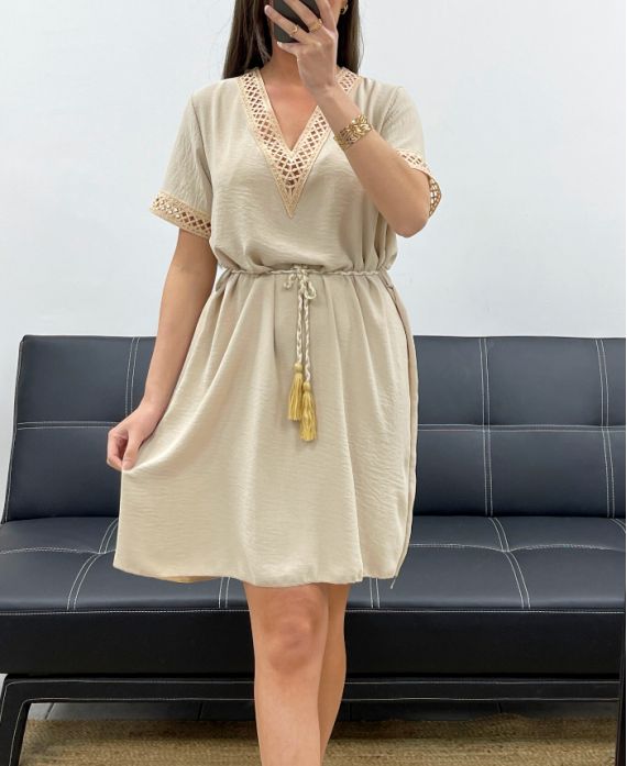FANCY NECKLINE DRESS + TIE PE2128 BEIGE