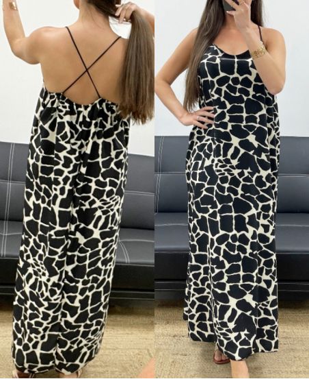 LANGES KLEID MIT SATINEFFEKT SCHLITZE MIT SCHLITZEN PE2097 GEFLECKT