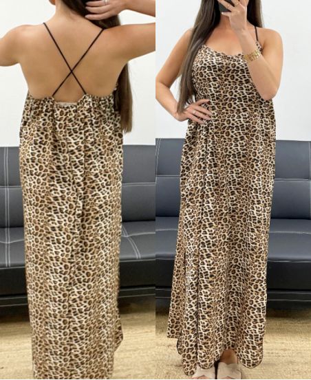 LANGES KLEID MIT SCHLITZEN IN SATINOPTIK PE2097 LEOPARD