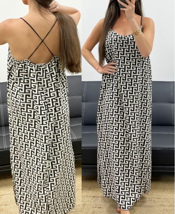 ROBE LONGUE FENTES EFFET SATIN PE2097 GEOMETRIQUE