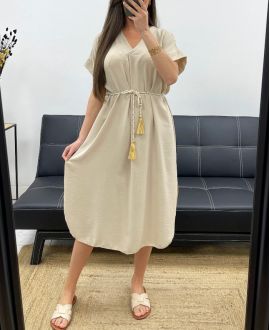 FLOWING DRESS WITH SLITS + TIE PE2148 BEIGE