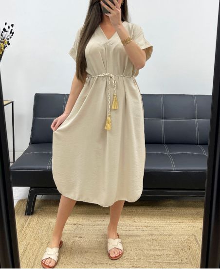 FLOWING DRESS WITH SLITS + TIE PE2148 BEIGE
