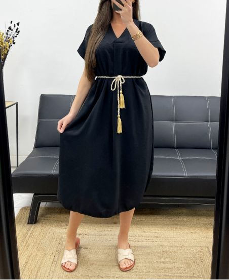 FLIESSENDER KLEID SCHLITZE + KRAWATTE PE2148 SCHWARZ
