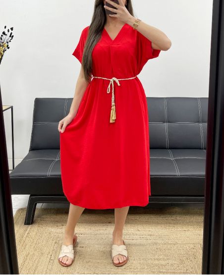FLIESSENDER KLEID SCHLITZE + KRAWATTE PE2148 ROT