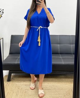 FLOWING DRESS WITH SLITS + TIE PE2148 ROYAL BLUE