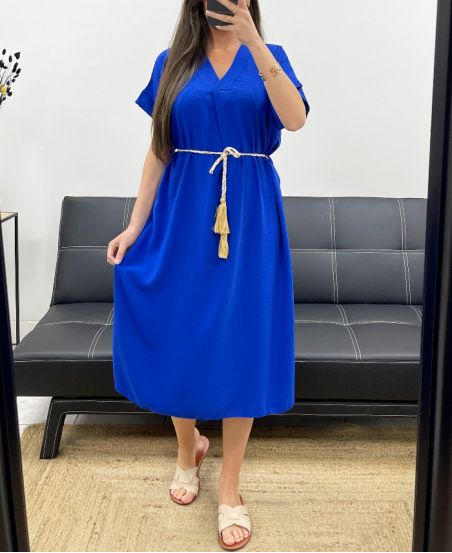 FLIESSENDES KLEID MIT SCHLITZEN + KRAWATTE PE2148 KÖNIGSBLAU