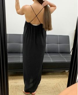 FLIESSENDES MAXIKLEID MIT GEKREUZTEM RÜCKEN PE2104 SCHWARZ