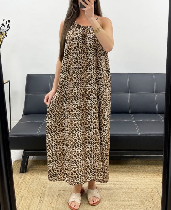 VESTIDO FLUIDO CON ABERTURA AJUSTABLE EN EL CUELLO PE2094 LEOPARDO-2