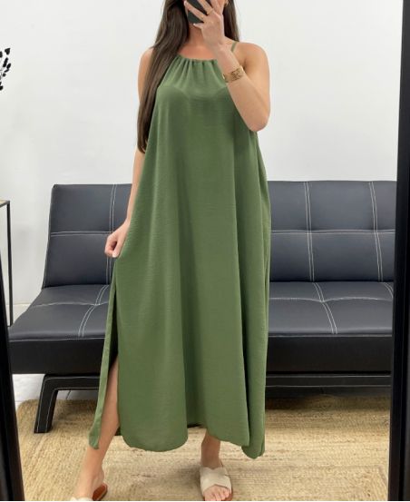 FLIESSENDES KLEID MIT VERSTELLBAREM SCHLITZKRAGEN PE2094 KAKI