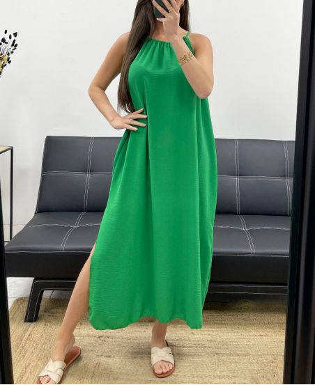 FLIESSENDES KLEID MIT VERSTELLBAREM KRAGENSCHLITZ PE2094 GRÜN
