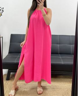 FLIESSENDES KLEID MIT VERSTELLBAREM SCHLITZKRAGEN PE2094 FUSHIA