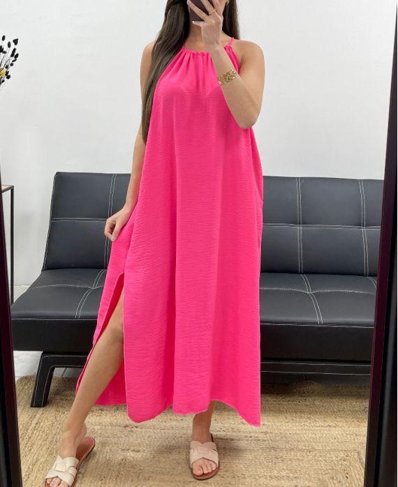 ROBE FLUIDE COL AJUSTABLE FENTE PE2094 FUSHIA