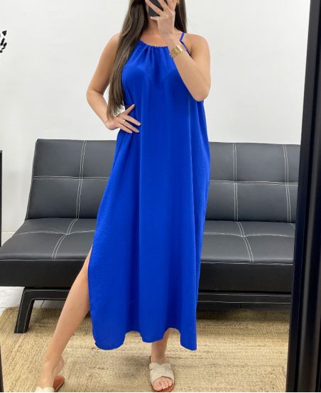 FLIESSENDES KLEID MIT VERSTELLBAREM SCHLITZKRAGEN SS2094 KÖNIGSBLAU