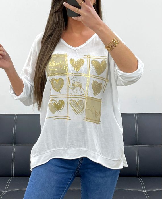 CAMISETA SMILE BIMATERIAL DE ALGODÓN-LINO PE0818 BLANCO