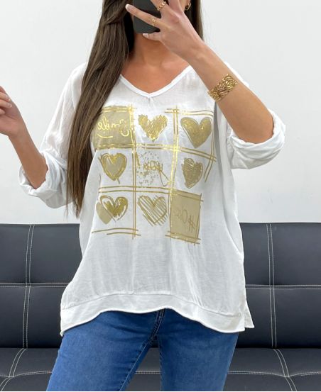 SMILE BI-MATERIAL COTTON-LINEN T-SHIRT PE0818 WHITE