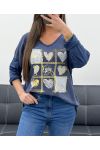 SMILE T-SHIRT DOPPIO MATERIALE COTONE-LINO PE0818 NAVY