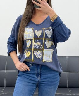 SMILE T-SHIRT DOPPIO MATERIALE COTONE-LINO PE0818 NAVY