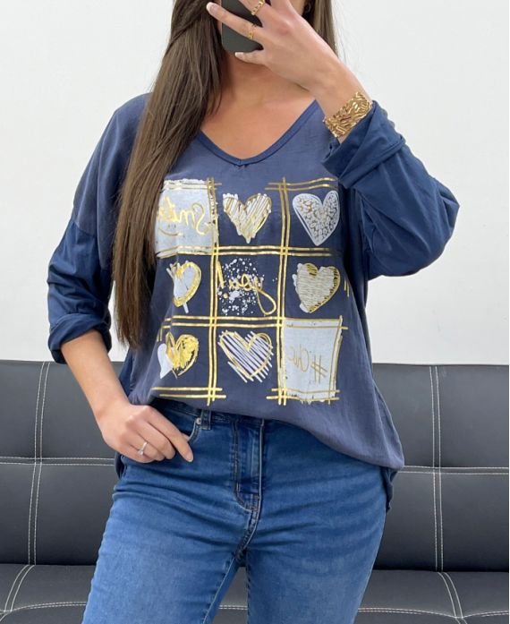 SMILE T-SHIRT DOPPIO MATERIALE COTONE-LINO PE0818 NAVY