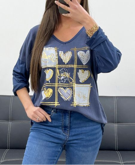 SMILE T-SHIRT DOPPIO MATERIALE COTONE-LINO PE0818 NAVY