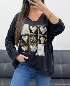 CAMISETA SMILE BIMATERIAL DE ALGODÓN-LINO PE0818 NEGRO