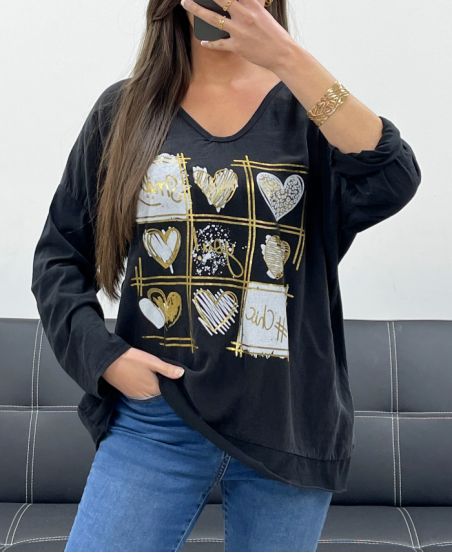 T-SHIRT SMILE BI-MATERIALE COTONE-LINO PE0818 NERA