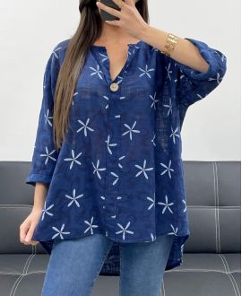 BLUSA HOLGADA DE GASA DE ALGODÓN ESTAMPADA PE0416 AZUL MARINO