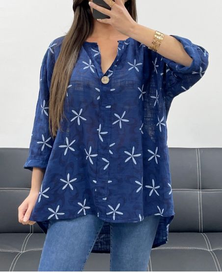 BLUSA HOLGADA DE GASA DE ALGODÓN ESTAMPADA PE0416 AZUL MARINO