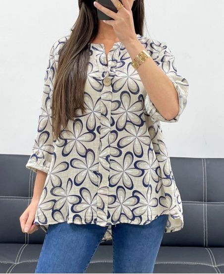 BLUSA HOLGADA DE GASA DE ALGODÓN ESTAMPADA PE0416 BEIGE
