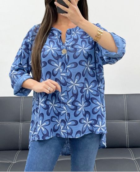 LUŹNA BLUZKA Z GAZY BAWEŁNIANEJ Z NADRUKIEM PE0416 NIEBIESKIE JEANSY