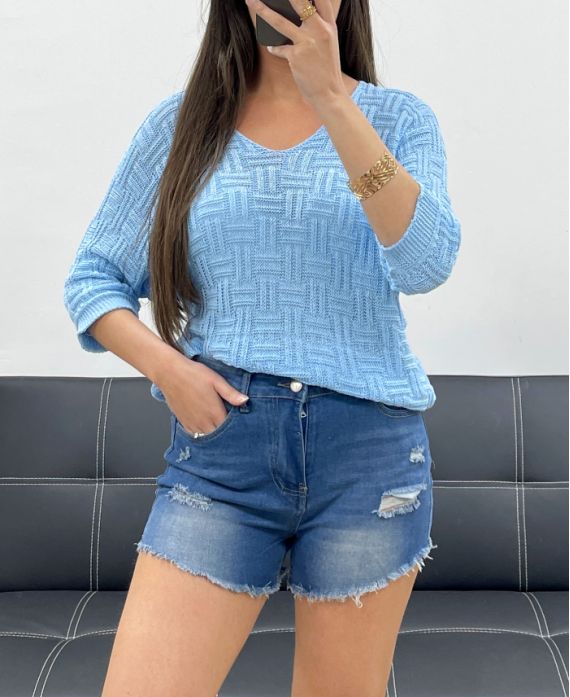 PE0019 TOP CORTO IN MAGLIA AZZURRO CIELO