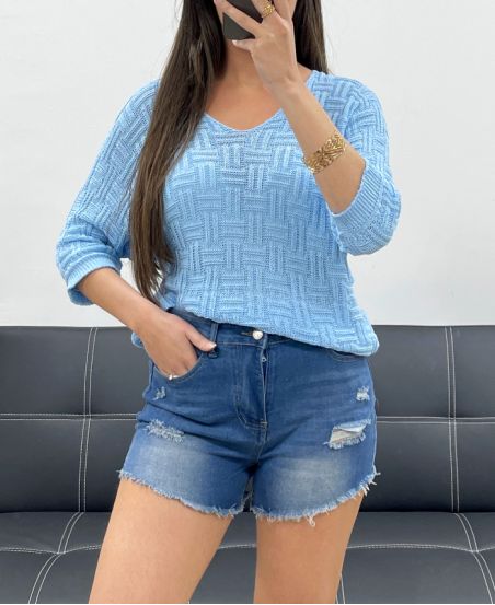 PE0019 TOP CORTO IN MAGLIA AZZURRO CIELO
