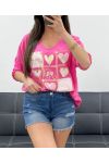 CAMISETA SMILE BIMATERIAL DE ALGODÓN-LINO PE0818 FUSHIA