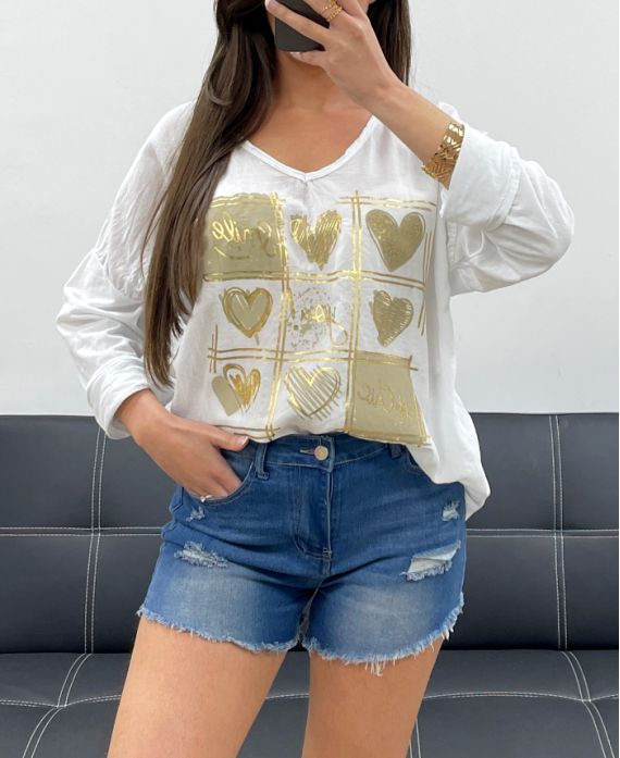 CAMISETA SMILE BIMATERIAL DE ALGODÓN-LINO PE0818 BLANCO