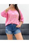 CAMISETA BIMATERIAL DE ALGODÓN-LINO ECRITURE GOLD PE0762 ROSA