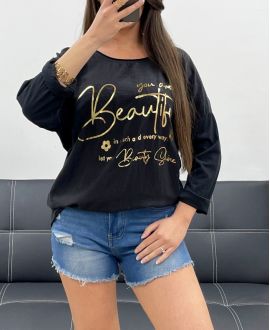 CAMISETA ECRITURE GOLD BIMATERIAL ALGODÓN-LINO PE0762 NEGRO