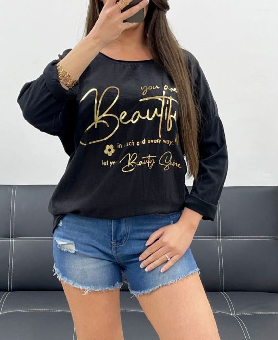 CAMISETA ECRITURE GOLD BIMATERIAL ALGODÓN-LINO PE0762 NEGRO