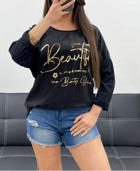 CAMISETA ECRITURE GOLD BIMATERIAL ALGODÓN-LINO PE0762 NEGRO