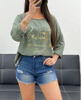 CAMISETA BIMATERIAL DE ALGODÓN-LINO ECRITURE GOLD PE0762 KHAKI