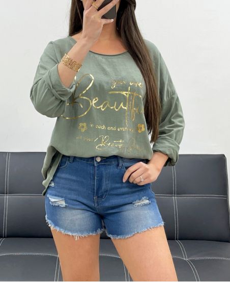 CAMISETA BIMATERIAL DE ALGODÓN-LINO ECRITURE GOLD PE0762 KHAKI