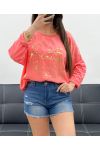 CAMISETA BIMATERIAL ALGODÓN-LINO ECRITURE GOLD PE0762 CORAL