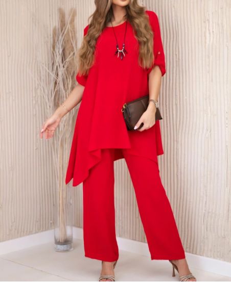 3-TEILIGES SET TUNIKA + HOSE + KRAGEN PE1638 ROT