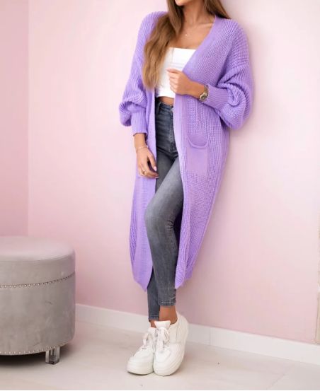 GILET LONG MAILLE 2 POCHES PE0032 LILA