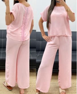 ENSEMBLE TOP DOS DENTELLE + PANTALON PE0001 ROSE CLAIR