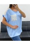 LACE POCKET TOP PE2433 SKY BLUE