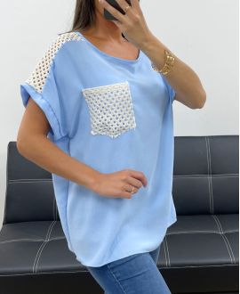 TOP DENTELLE POCHE PE2433 BLEU CIEL