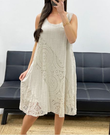 LINED LACE COTTON DRESS PE1174 BEIGE