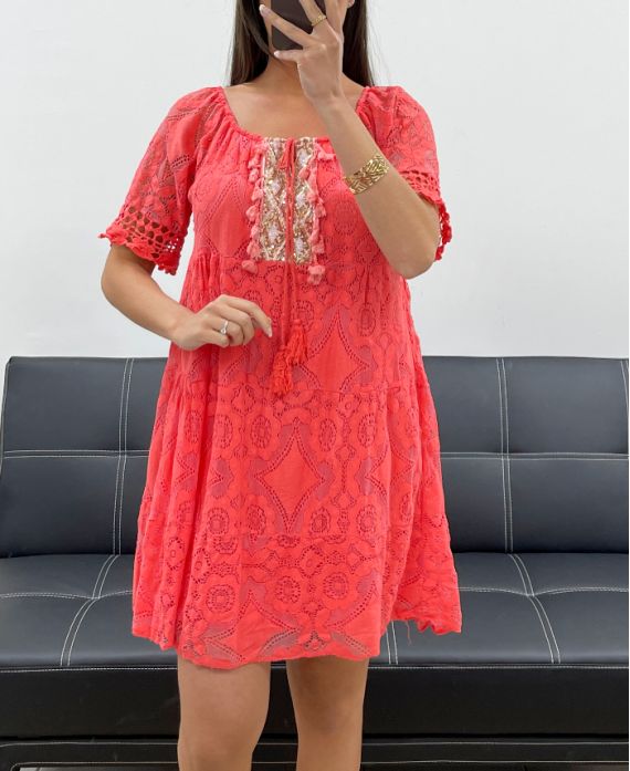"BOHEMIAN COLLECTION" SEQUIN LACE DRESS PE2369 CORAL