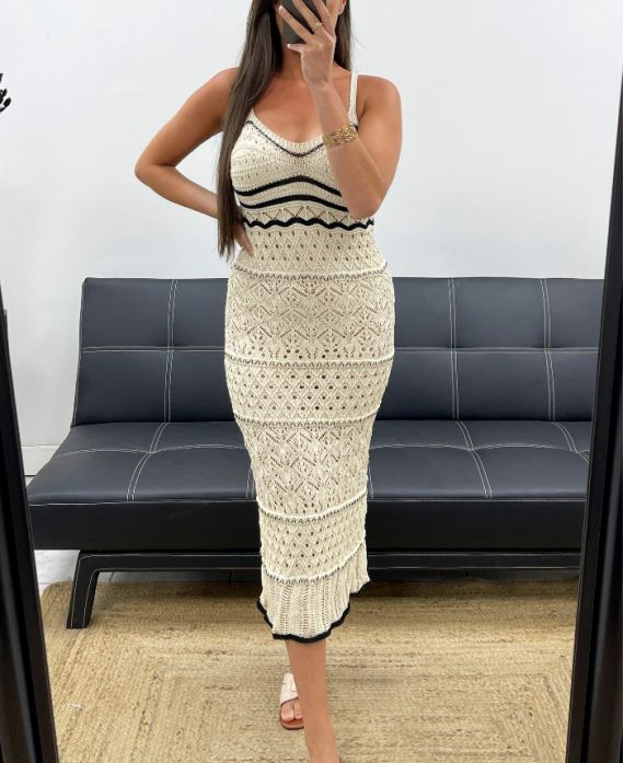 PE2346 VESTIDO LARGO DE GANCHILLO BEIGE
